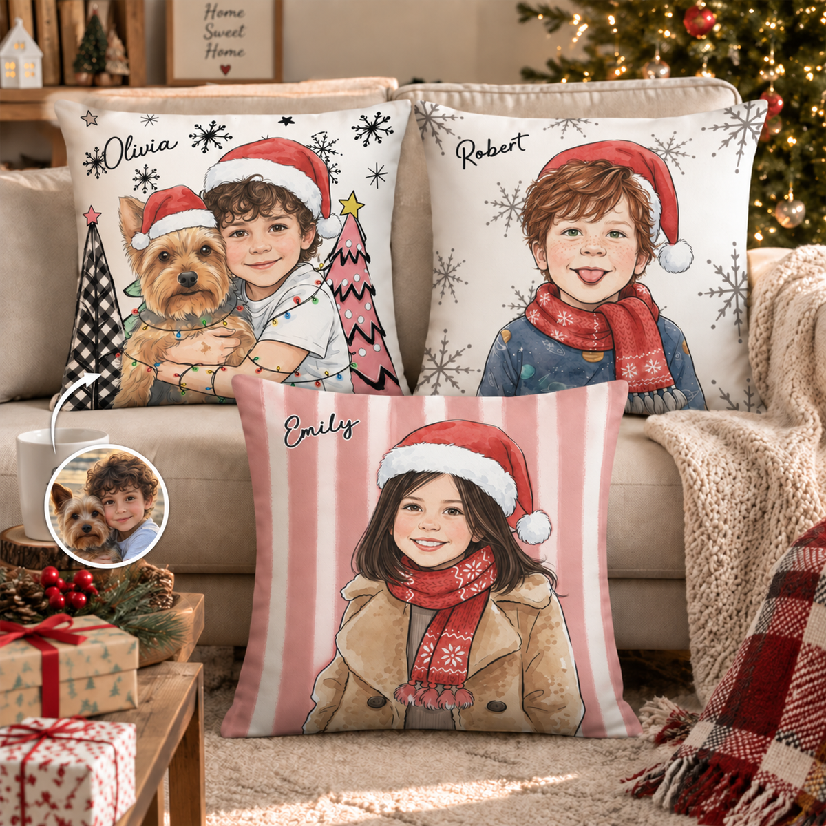 Personalised Christmas watercolour photo cushion — Olivia, Robert, Emily