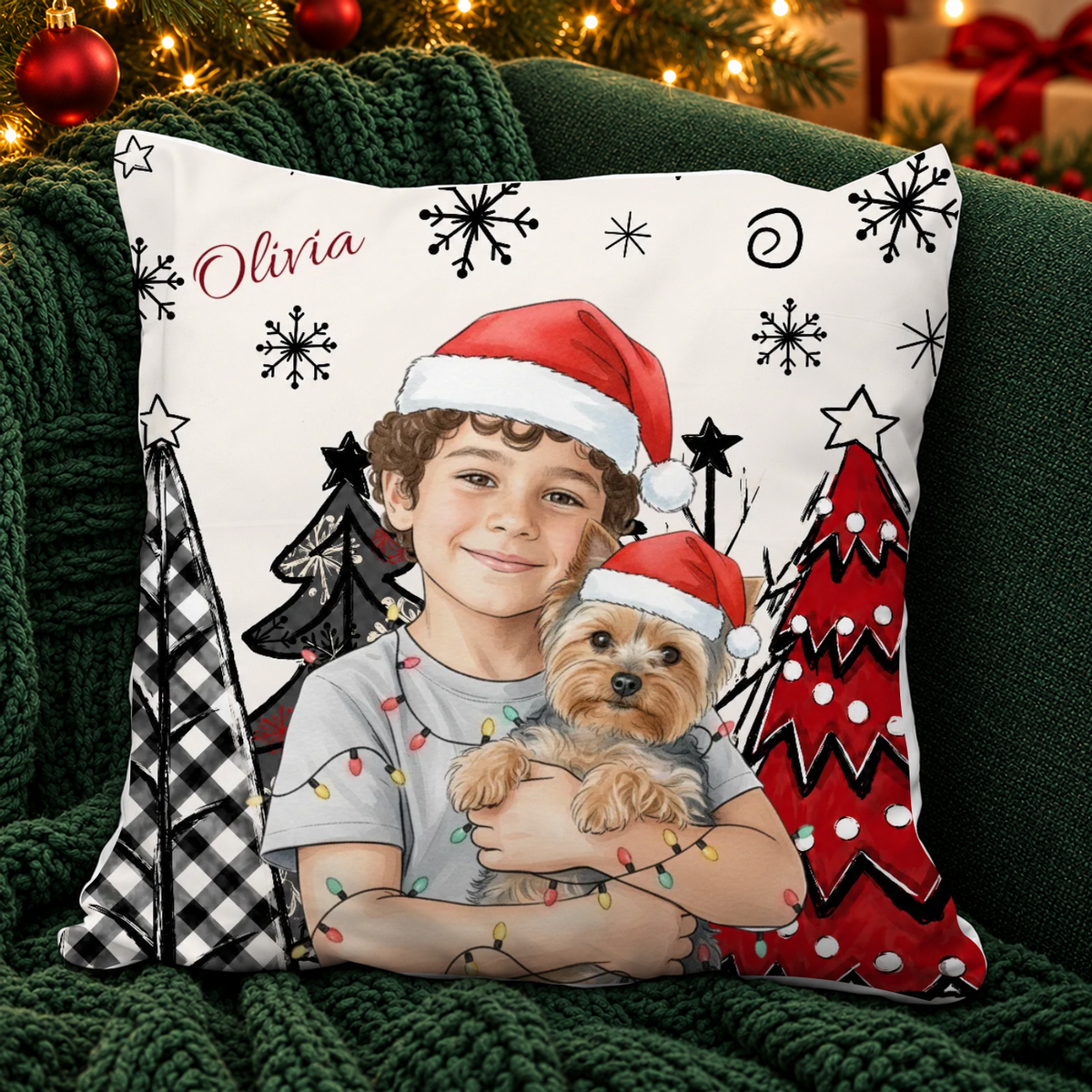 Personalised Christmas watercolour photo cushion